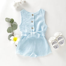 Load image into Gallery viewer, Blue and apricot short sleeve rompers
