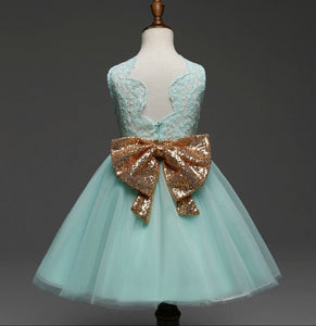 Green Party dress with removable bow
