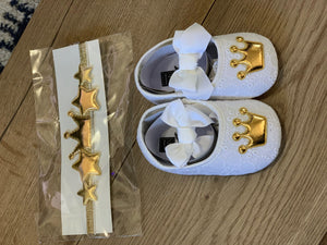 White and gold shoes with matching headband