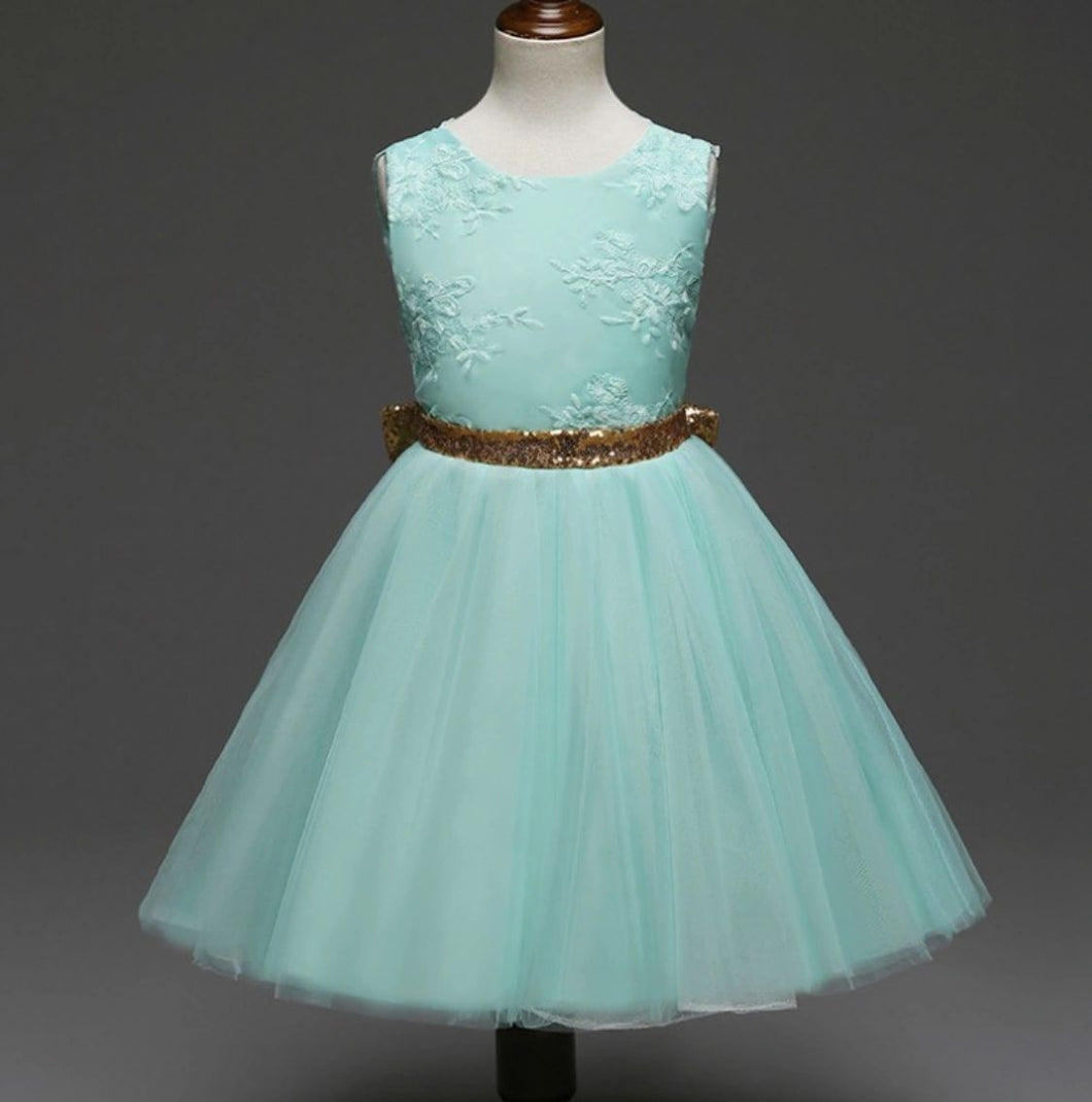 Green Party dress with removable bow
