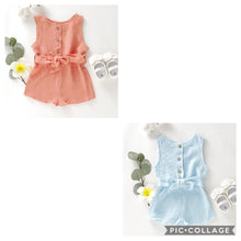 Load image into Gallery viewer, Blue and apricot short sleeve rompers
