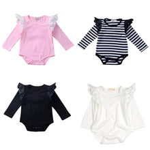 Load image into Gallery viewer, Long sleeve flutter rompers with trimming near arms- 4 colours

