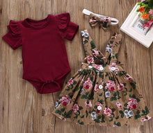 Load image into Gallery viewer, Girls three piece skirt, headband and romper set
