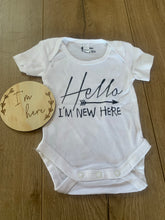Load image into Gallery viewer, Newborn “I’m here” or “I’m new here” romper and milestone card combo
