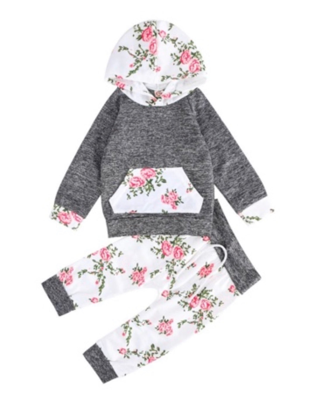 Girls light weight stretch tracksuit; grey and floral