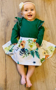Long sleeve green romper and skirt set