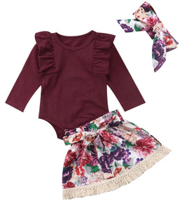 Three piece girls skirt set - maroon and flowers