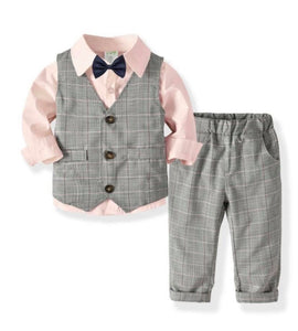 Boys pink and grey shirt, pant, vest and bow tie set